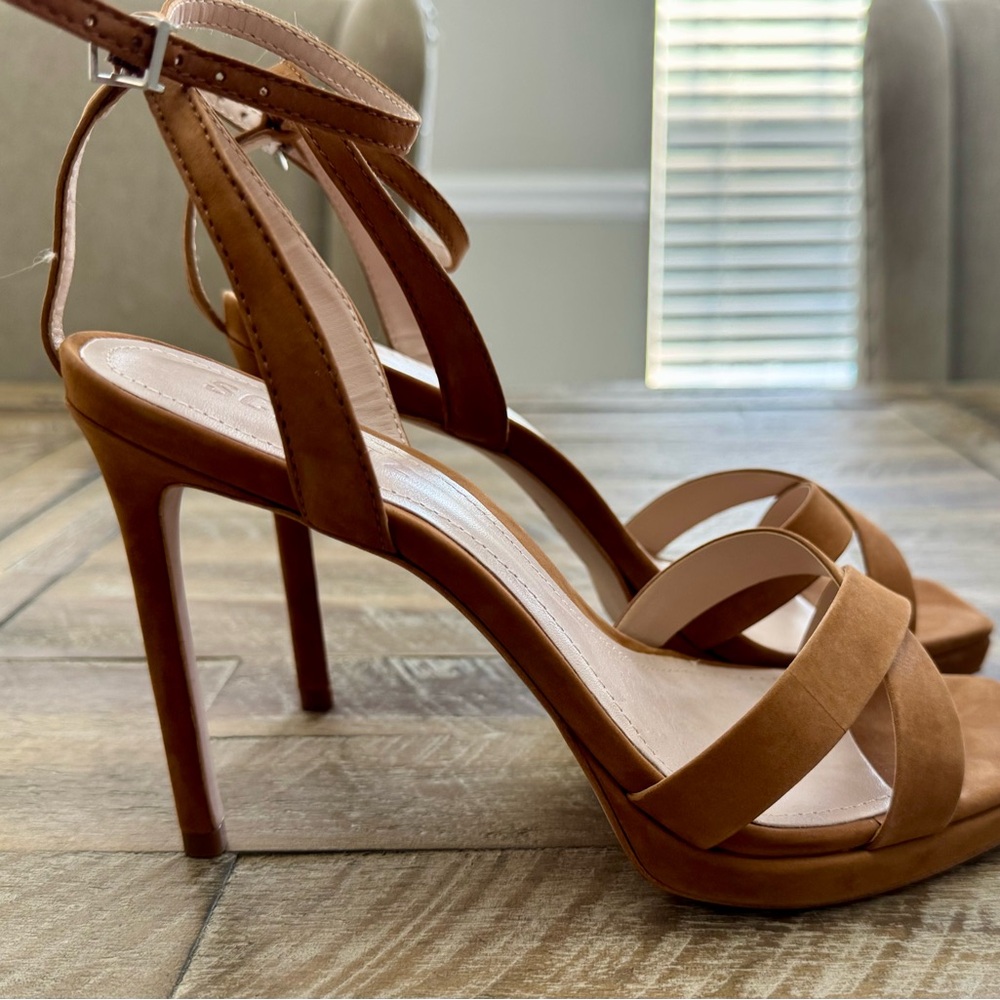 SCHUTZ Cognac Brown Suede Strappy Block Heel Sandals - Picture 3 of 6